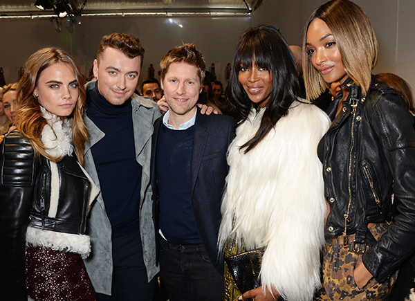 From left, Cara Delevigne, Sam Smith, Christopher Bailey, Naomi Campbell and Jourdan Dunn backstage at the Burberry Prorsum Fall 2015 show. Photo by Dave Benett