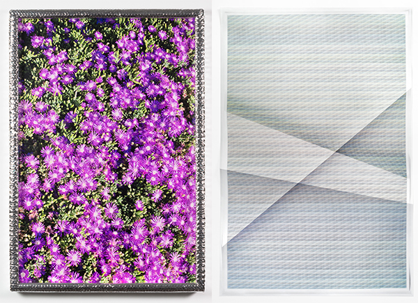 Left: Chris Wiley, Dingbat (2) 2014 42 x 28. Right: John Houck 330 install.