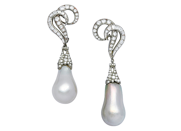 Fine Pair of Natural Pearl and Diamond Ear Pendants  (Estimate: $300,000-$350,000). 